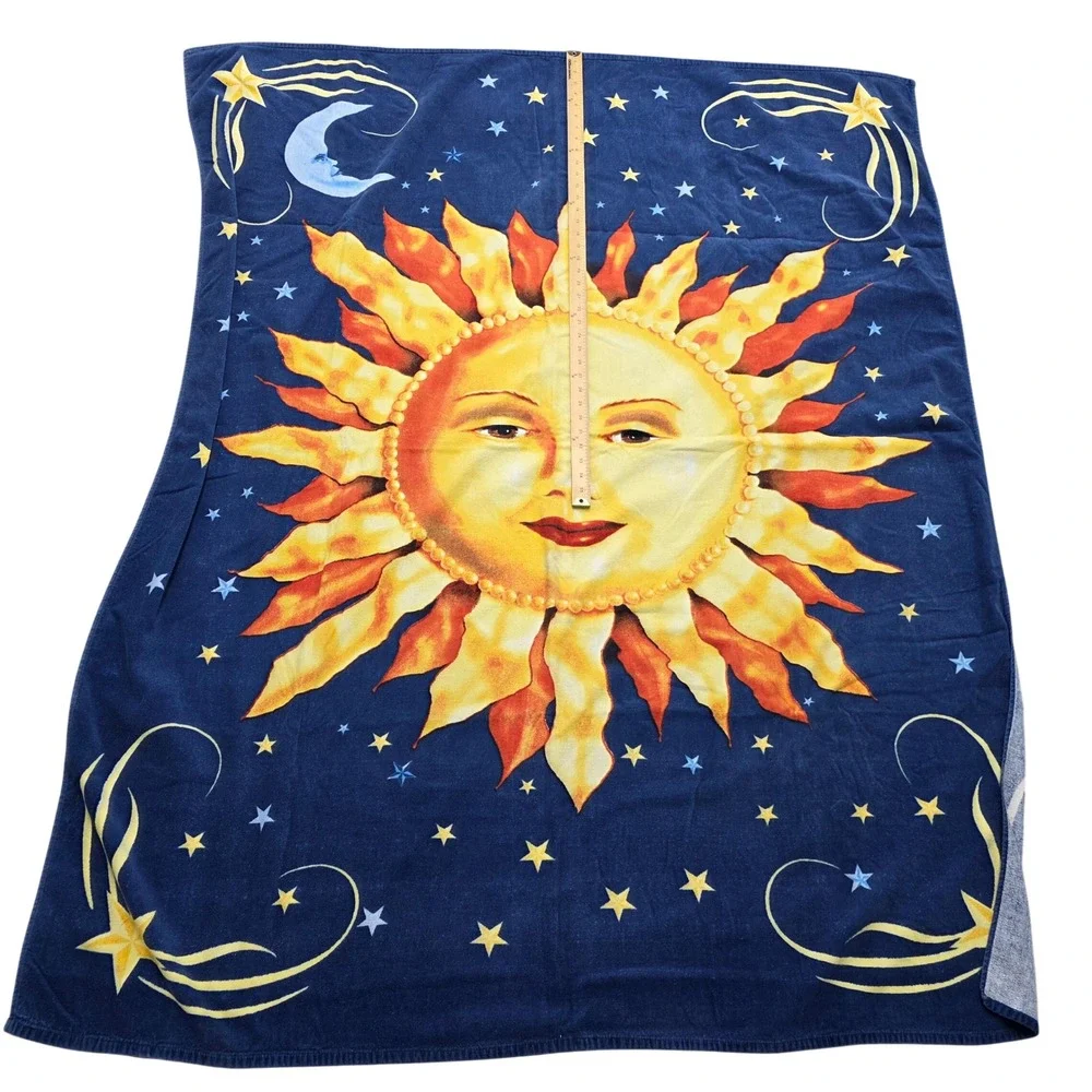 Vintage‎ 1990s Sun Blanket Celestial Sun Moon Stars Navy Cozy Giant Beach Towel